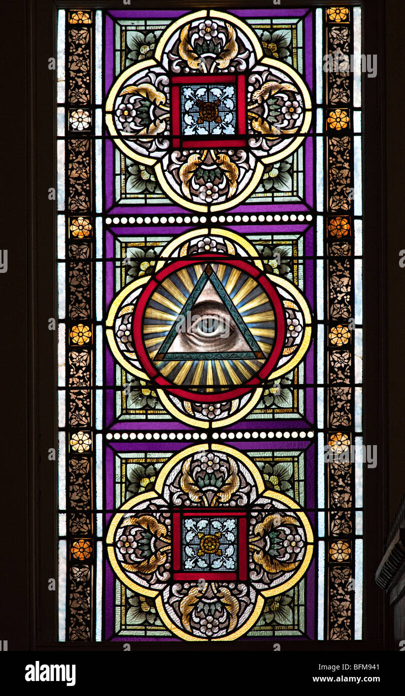 Painted leaded window with eye in triangle All Seeing Eye St Mary's painted church at High Hill near Schulenburg Texas USA Stock Photo