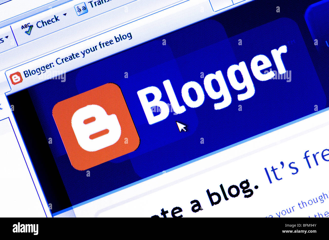 Macro screenshot of the Blogger website - the free online blog publishing system. Editorial use only. Stock Photo
