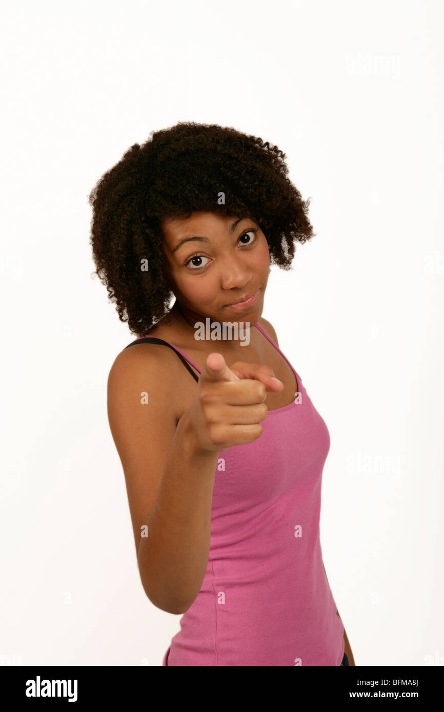 young colored woman pointing her finger aggressively Stock Photo