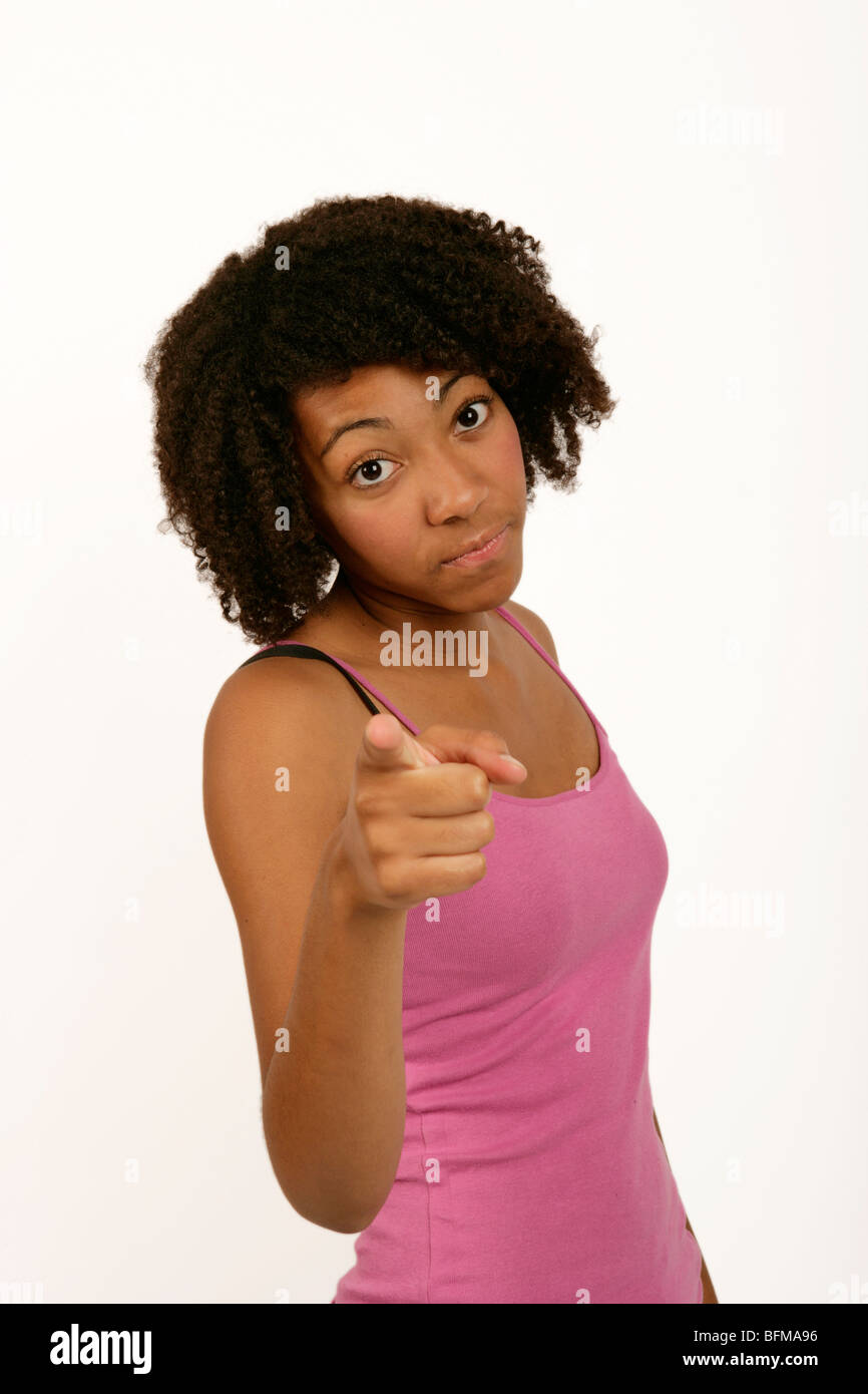 young colored woman pointing her finger aggressively Stock Photo