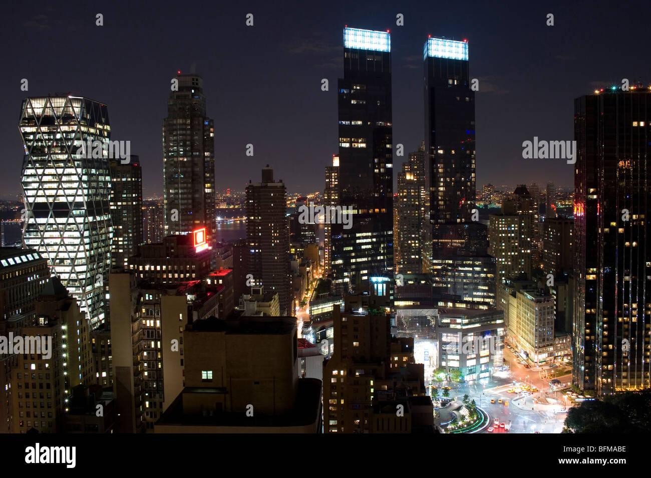 Columbus Circle at night, New York City, USA as seen from the roof of