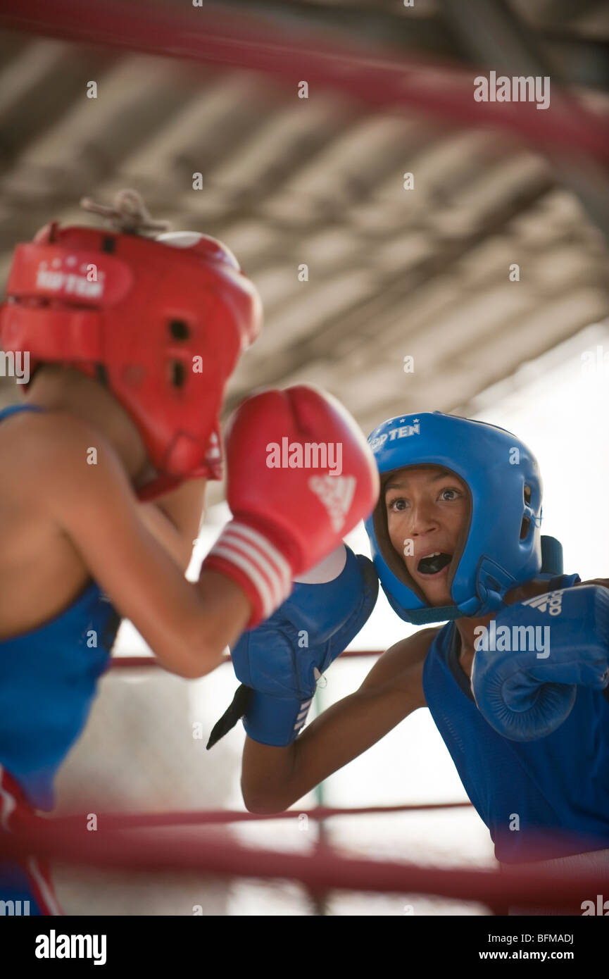 Two Young Boys in a boxing match in Havana, Cuba Stock Photo picture