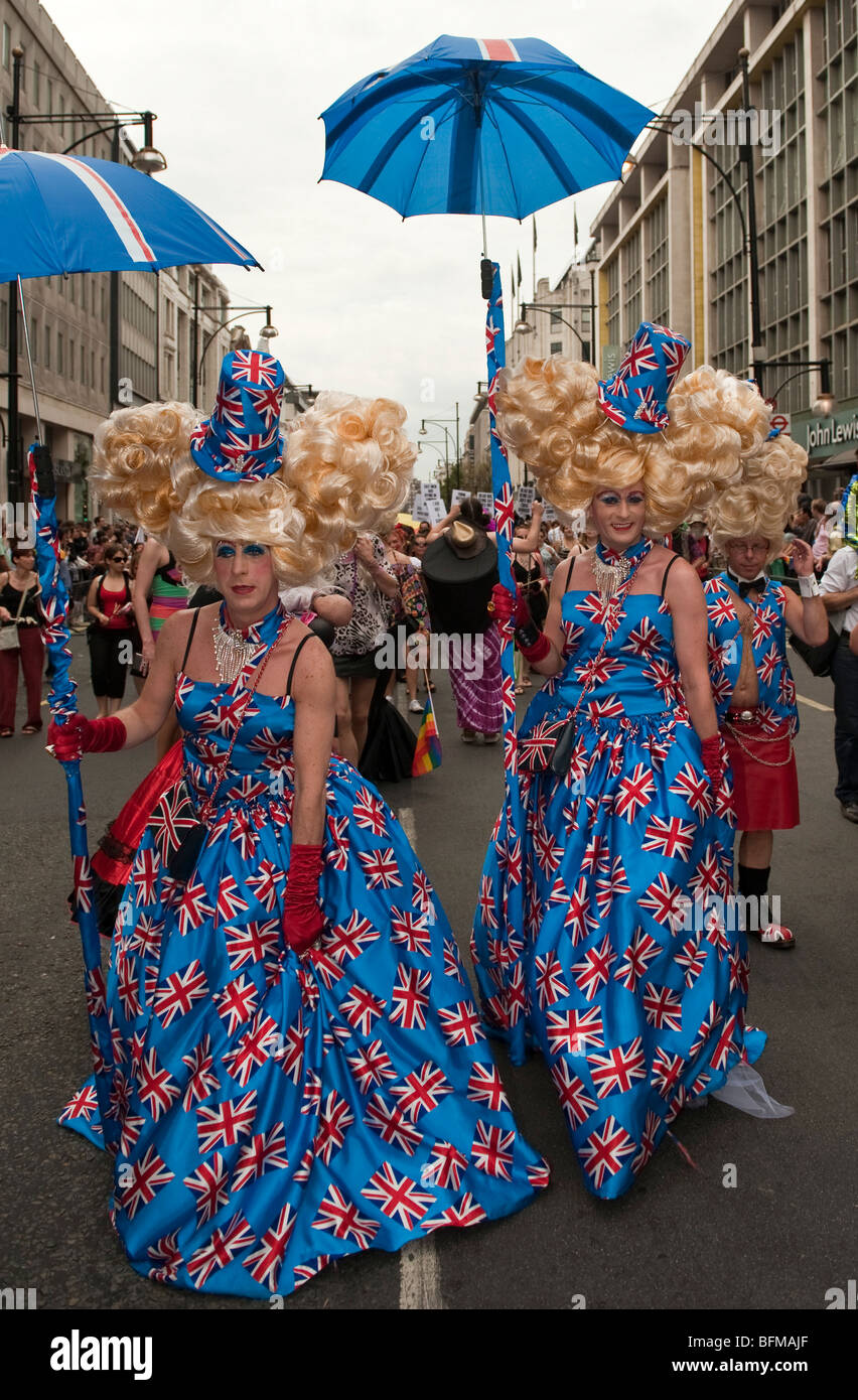 Men dressed as women in Union Jack costumes at the London Pride march
