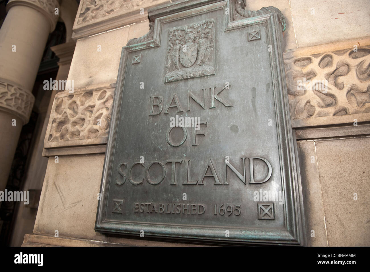 Old Bank of Scotland sign outside HBOS headquarters building, The Mound, Edinburgh Stock Photo