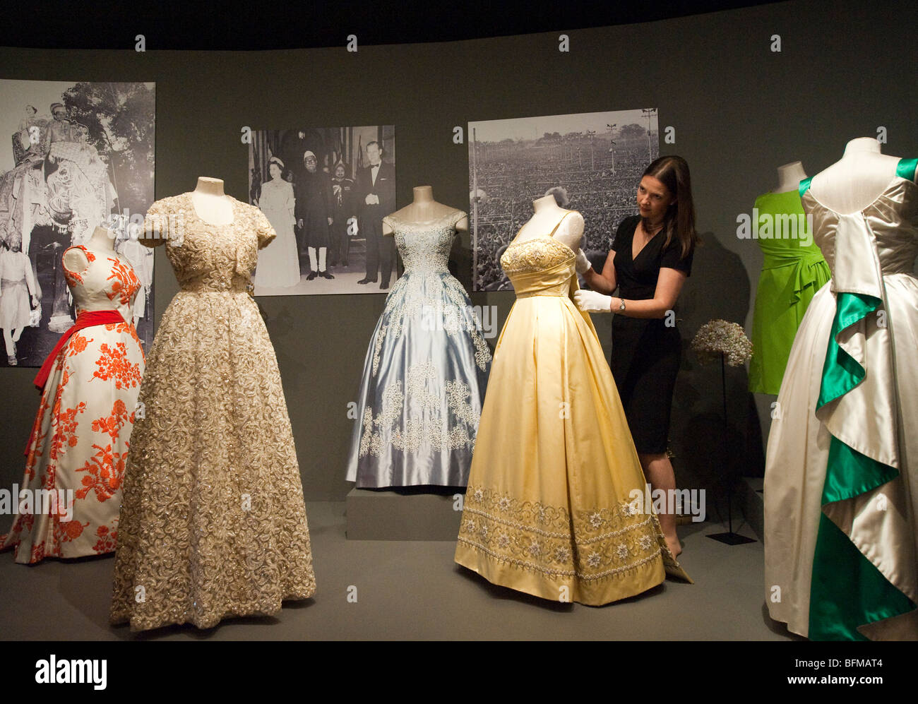 Dresses worn by Queen Elizabeth II on display at the "Queen and