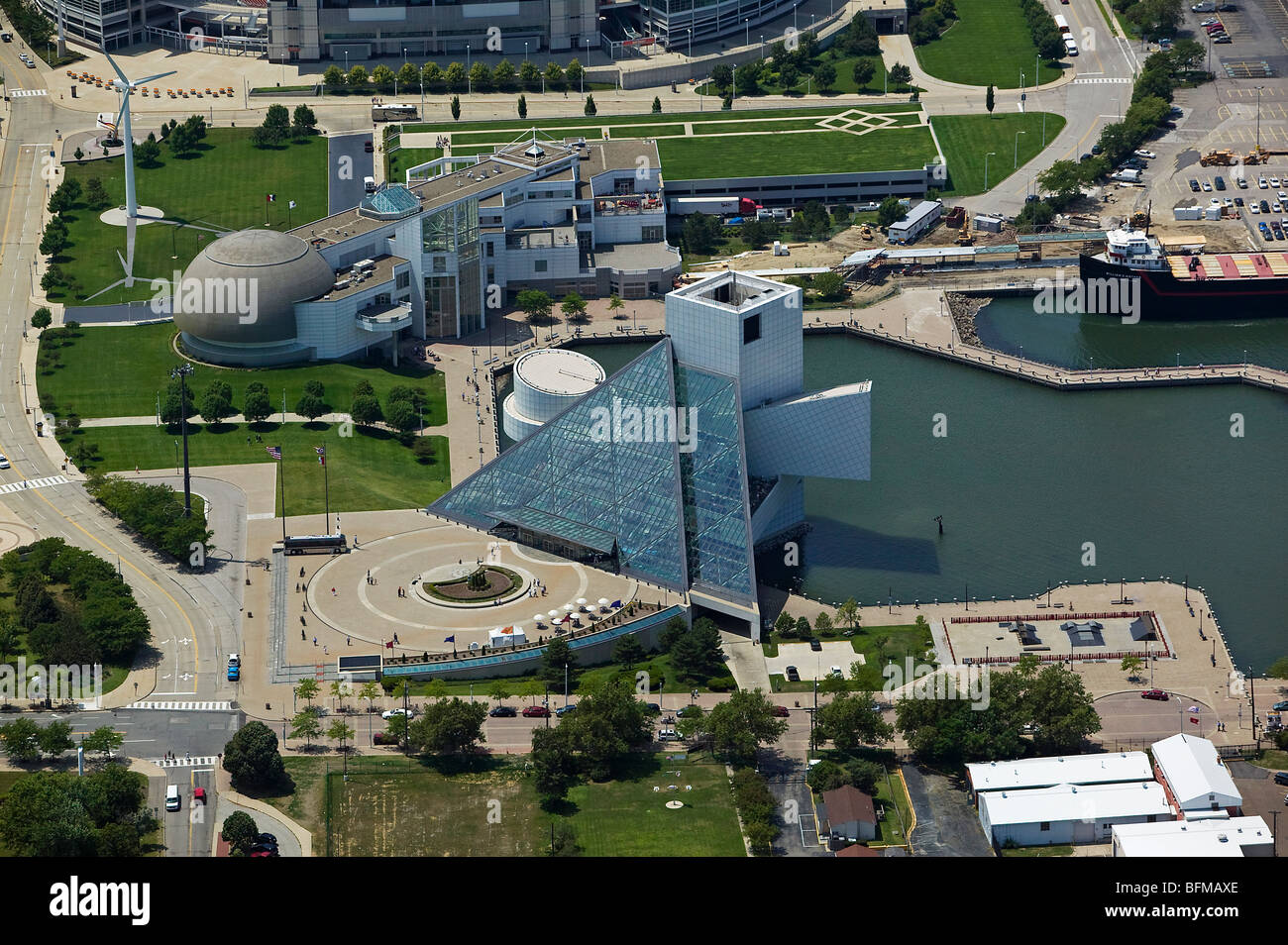 aerial view above Rock and Roll Hall of Fame Great Lakes Science Center North Coast Harbor downtown Cleveland Ohio Stock Photo