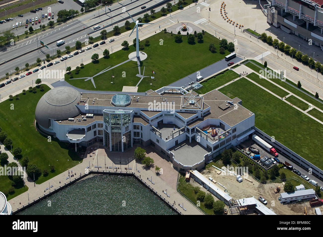 aerial view above Great Lakes Science Center North Coast Harbor downtown Cleveland Ohio Stock Photo