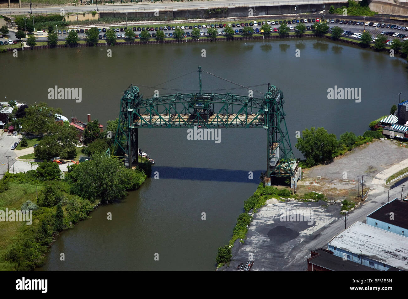 aerial view above draw bridge Cuyahoga river Cleveland Ohio Stock Photo