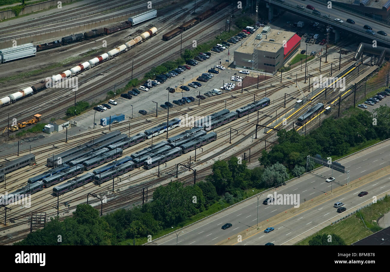 aerial view above Cleveland Rapid Transit RTA commuter rail yard Ohio Stock Photo