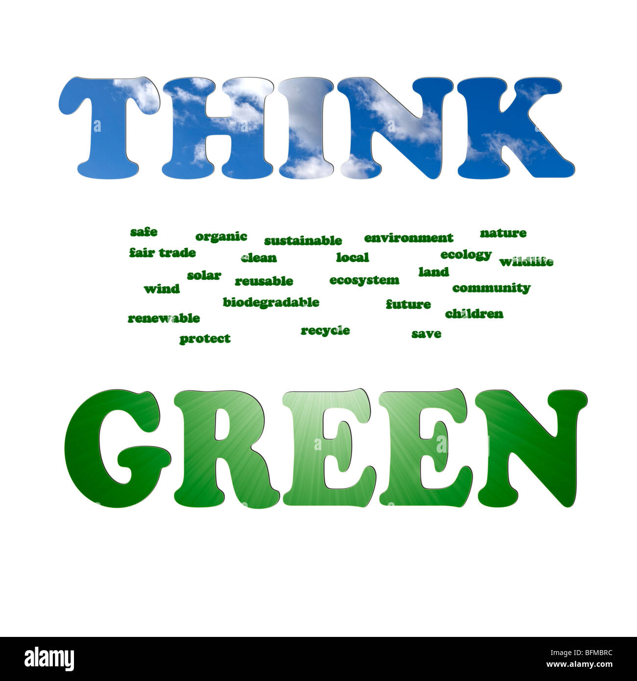 Think Green poster with all of the buzzwords. Stock Photo