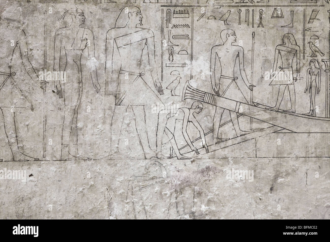 Outline of unfinished reliefs in the Tombs at Meir , North West of Assyut in Middle Egypt Stock Photo