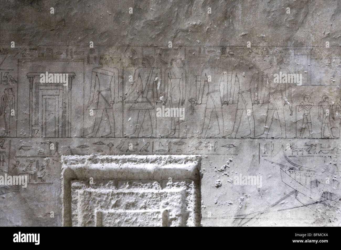 The marked ink outlines for the reliefs in the Tombs at Meir , North West of Assyut in Middle Egypt Stock Photo