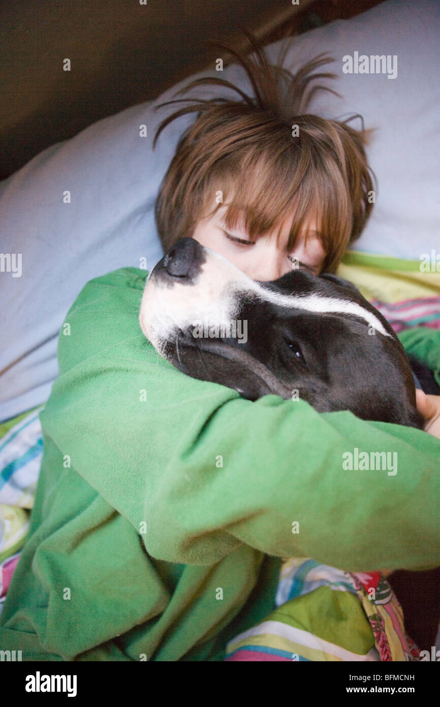 Seven year old boy embracing his dog in bed Stock Photo Alamy
