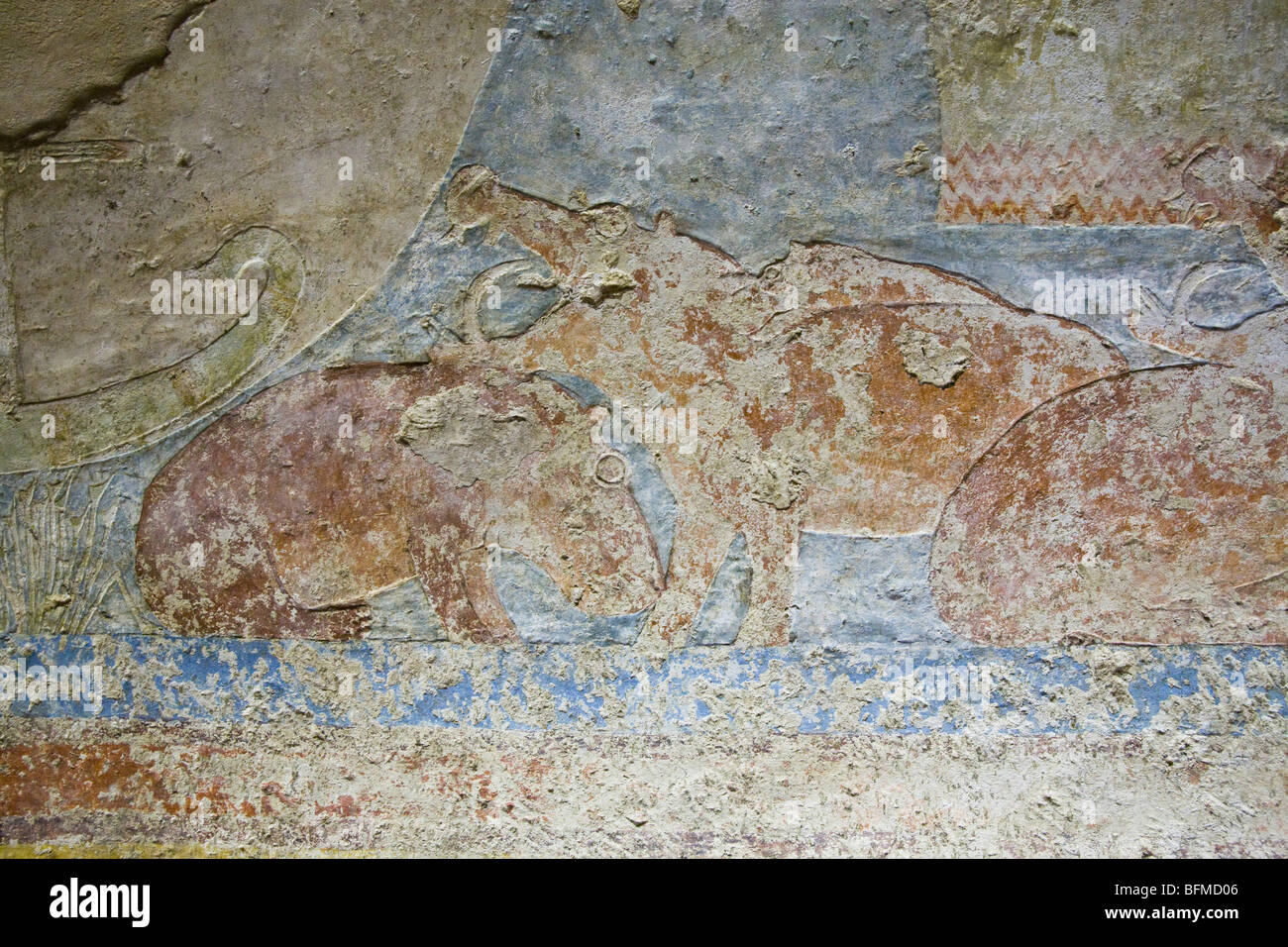 Reliefs of Hippos in the water of the Nile in the Tomb of Senbi at Meir , North West of Assyut in Middle Egypt Stock Photo