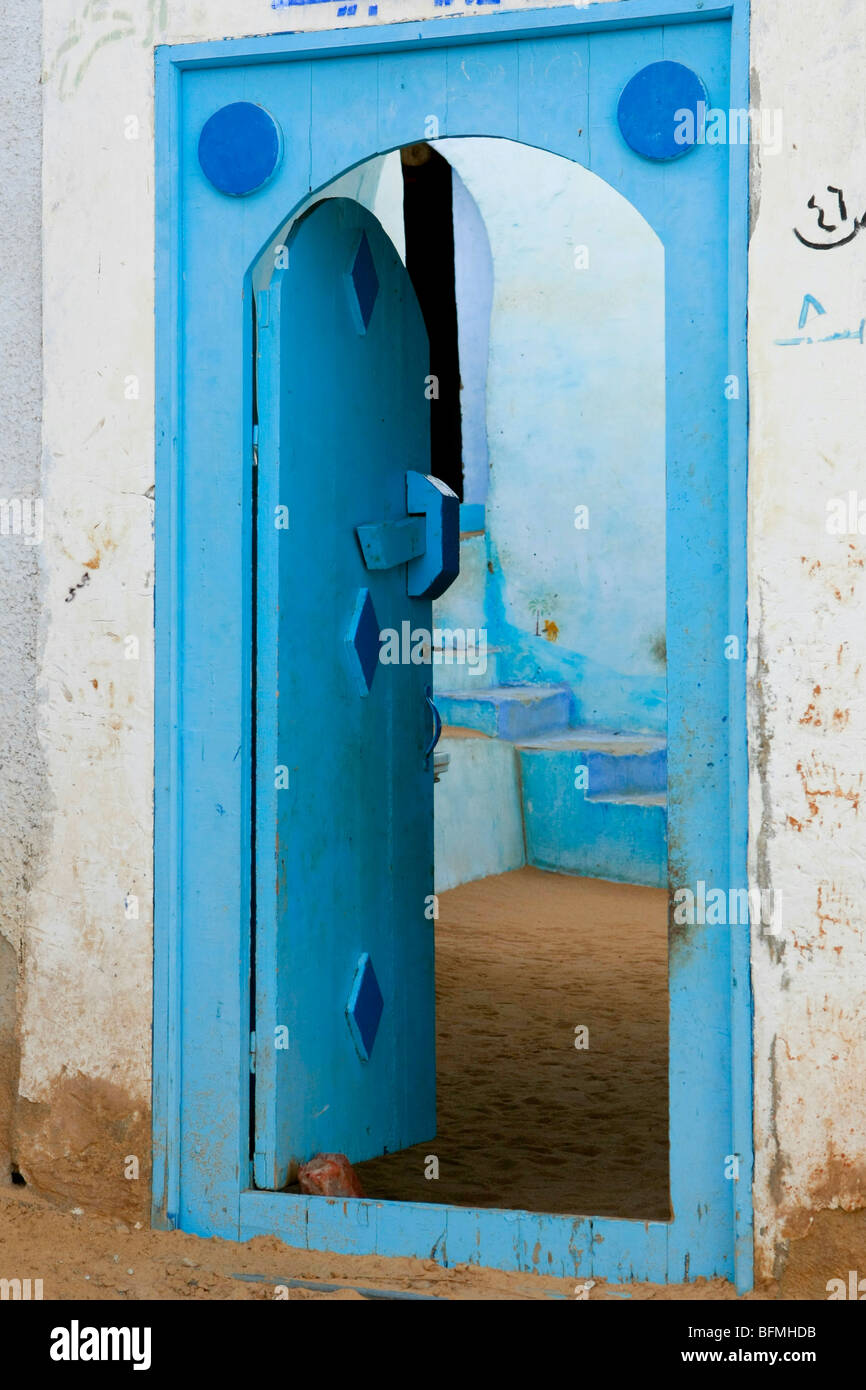 Blue door at a Nubian village, near Aswan, Egypt. Stock Photo