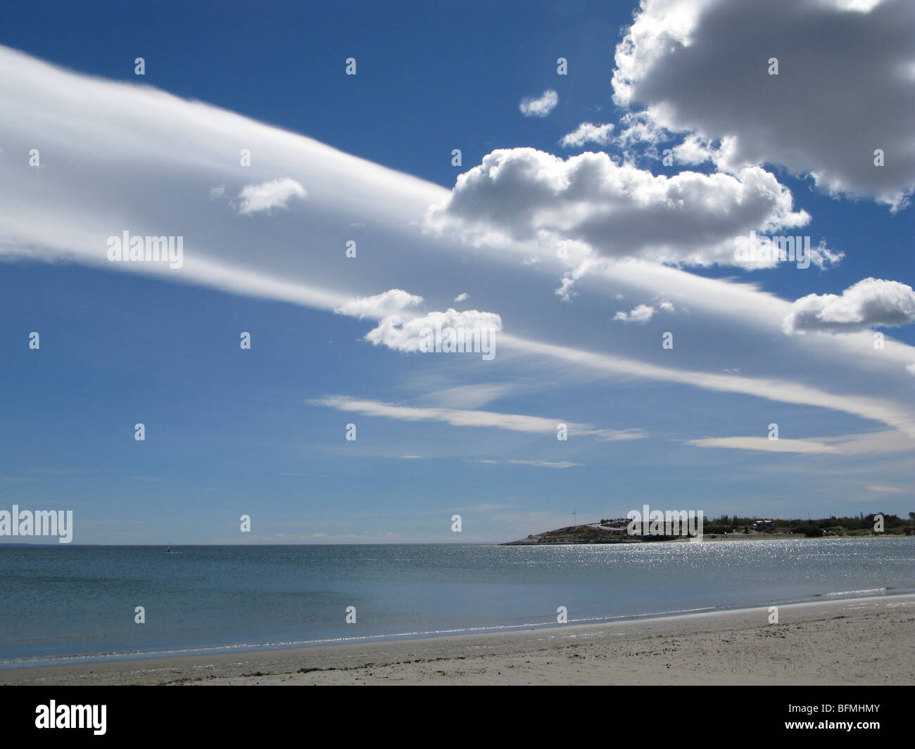cloud formation above Puerto Madryn bay, in Argentine Patagonia; Gravity Wave clouds, also known as Ribbon clouds, Altocumulus undulatus Stock Photo
