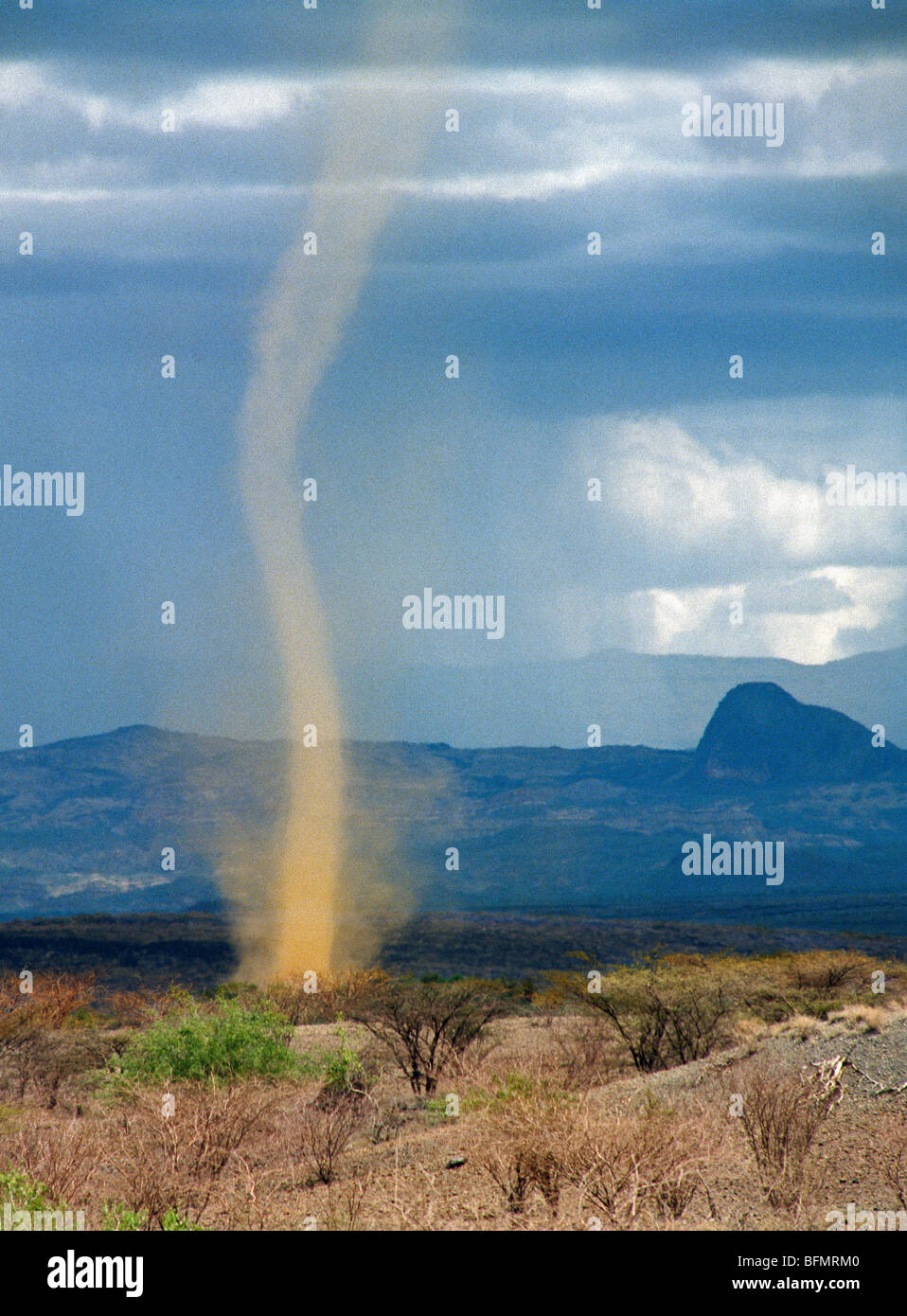 A vortex of swirling dust, known as a dust devil , rises from the semi