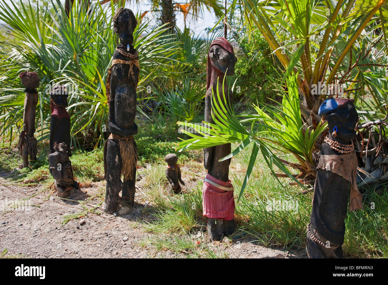 Wooden statues carved by the Turkana at Loiengalani. Stock Photo