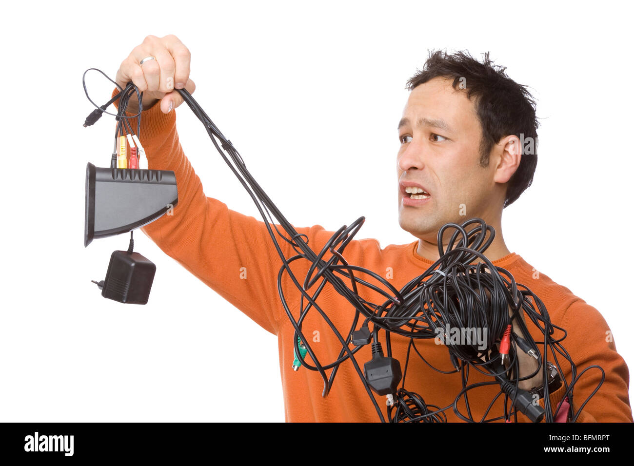 Full isolated studio picture from a electrician with cables Stock Photo