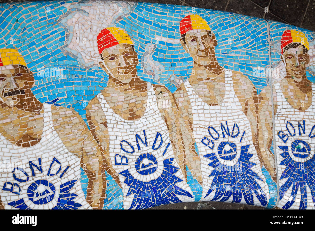 Australia, New South Wales, Sydney.  Surf lifesaving culture depicted in a mosaic at Bondi Beach. Stock Photo