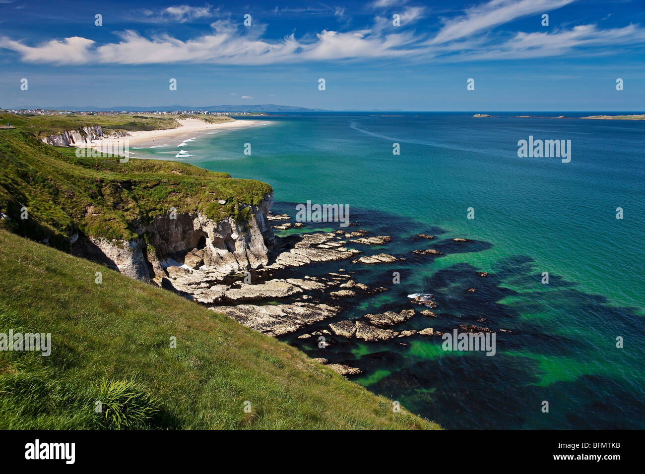 United Kingdom, Northern Ireland, Derry Portrush, view of Portrush Strand with the town of Portrush in the background. Stock Photo