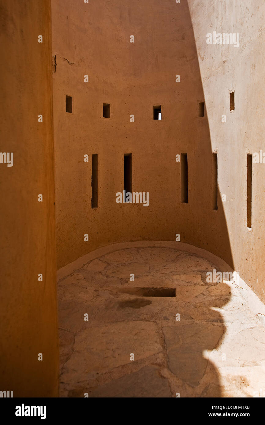 Oman, Nakhl. Interior courtyard detail of Nakhl Fort showing the firing