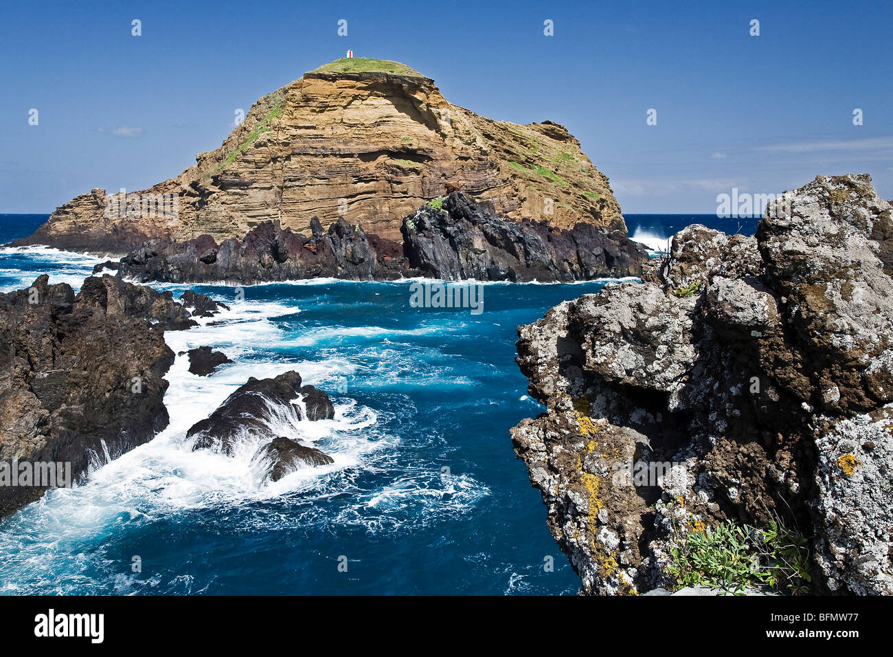 Portugal, Ilha da Medeira, Funcahl, Lanceiros. The dramatic rocky shore line of Lanceiros. Stock Photo