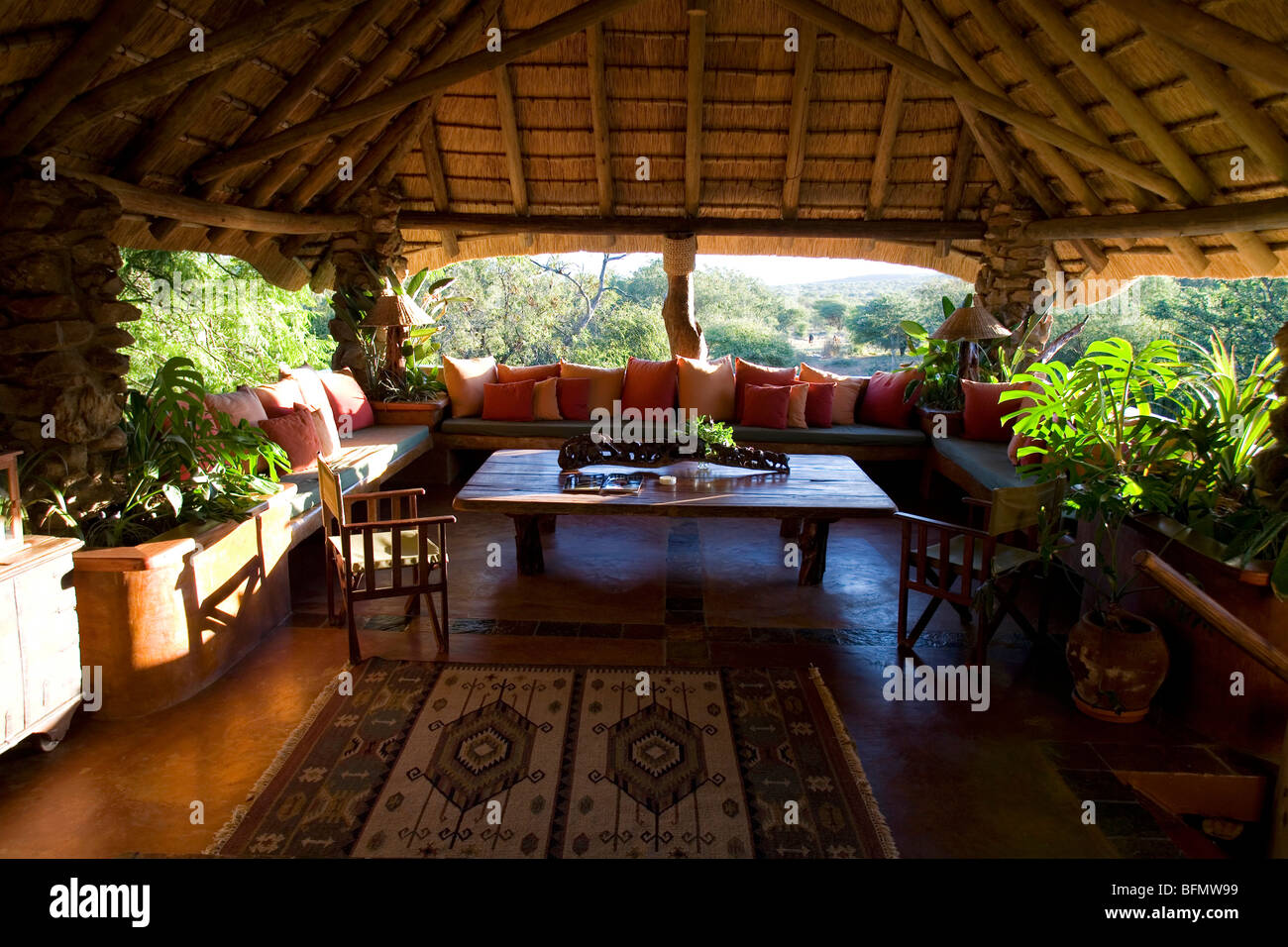 South Africa, Limpopo Province, Waterberg Plateau. Thatched verandah at Ant's Nest Bush Home