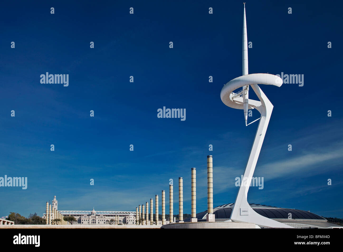Spain, Cataluna, Barcelona, Santa Eulalia, Sants Montjuic, Telefonica Olympic TV Tower. Architect- Santiago Calatrava. Stock Photo