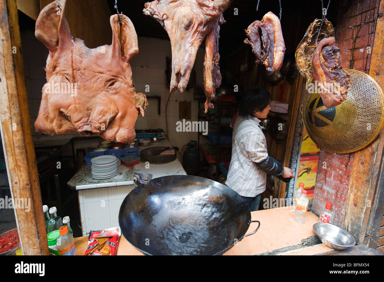 China, Hunan Province, Fenghuang, skinned pig face in a local restaurant Stock Photo