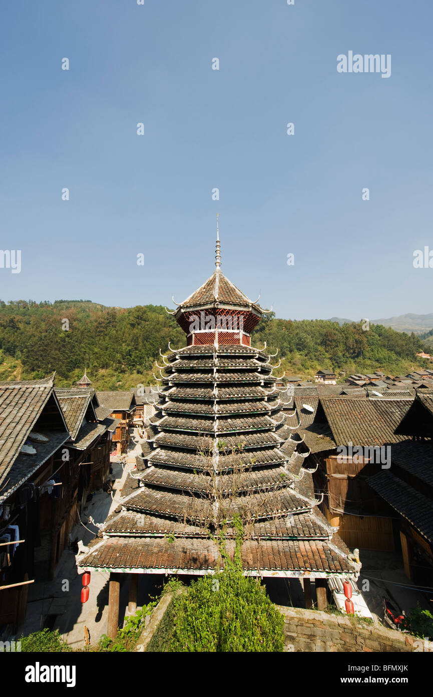 China, Guizhou Province, Zhaoxing Dong village, Drum Tower Stock Photo