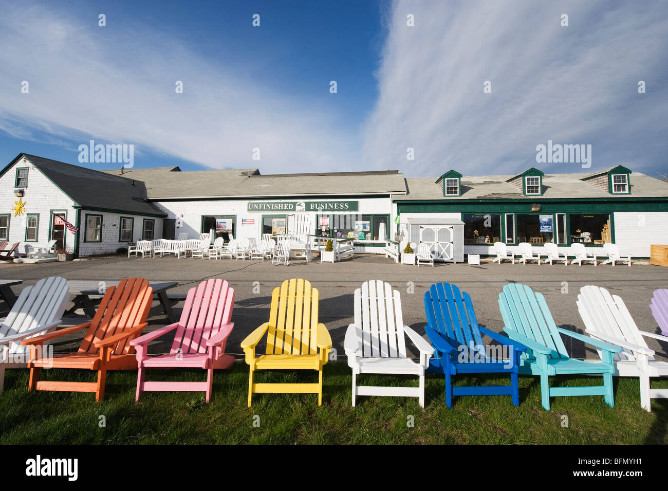 USA, Massachussets, Cape Cod, colourful deck chairs Stock Photo