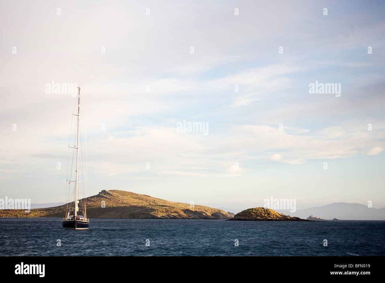 Falkland Islands, Carcass Island. Yacht moored in Port Pattison, a sheltered bay on the island's south coast. Stock Photo