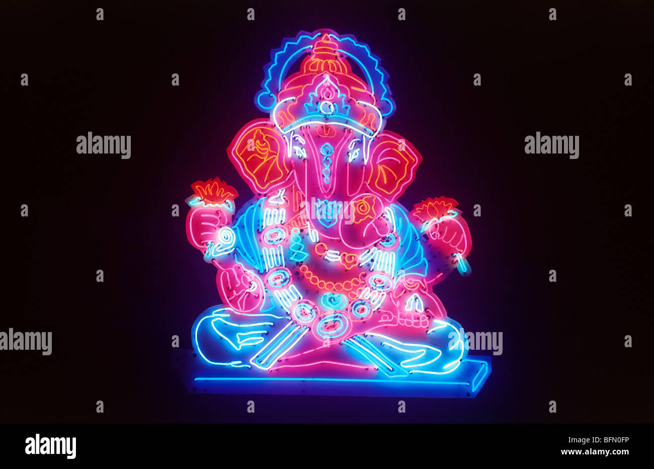 NMK 60940 Colourful lord ganesh ganpati made by neon light ; Pune ; Maharashtra ; India Stock