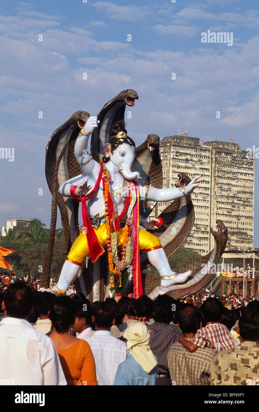 Ganesh festival huge elephant headed God as Krishna fighting snake kalia ; Girgaon ; Bombay Mumbai ; Maharashtra ; India Stock Photo
