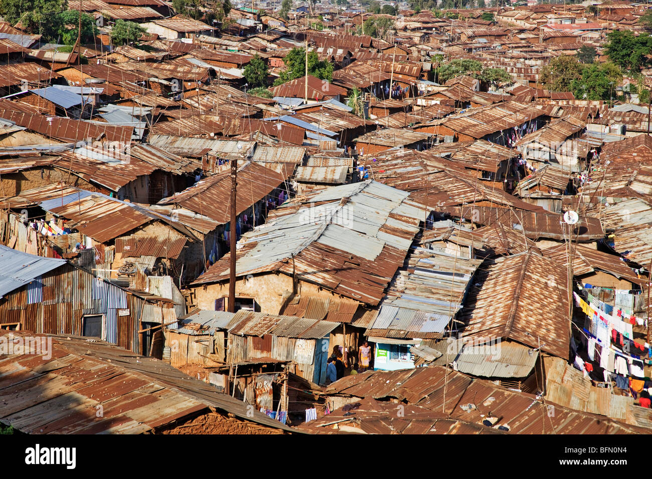 Kenya, Nairobi.  A crowded part of Kibera, one of Nairobi  s largest slums. Stock Photo