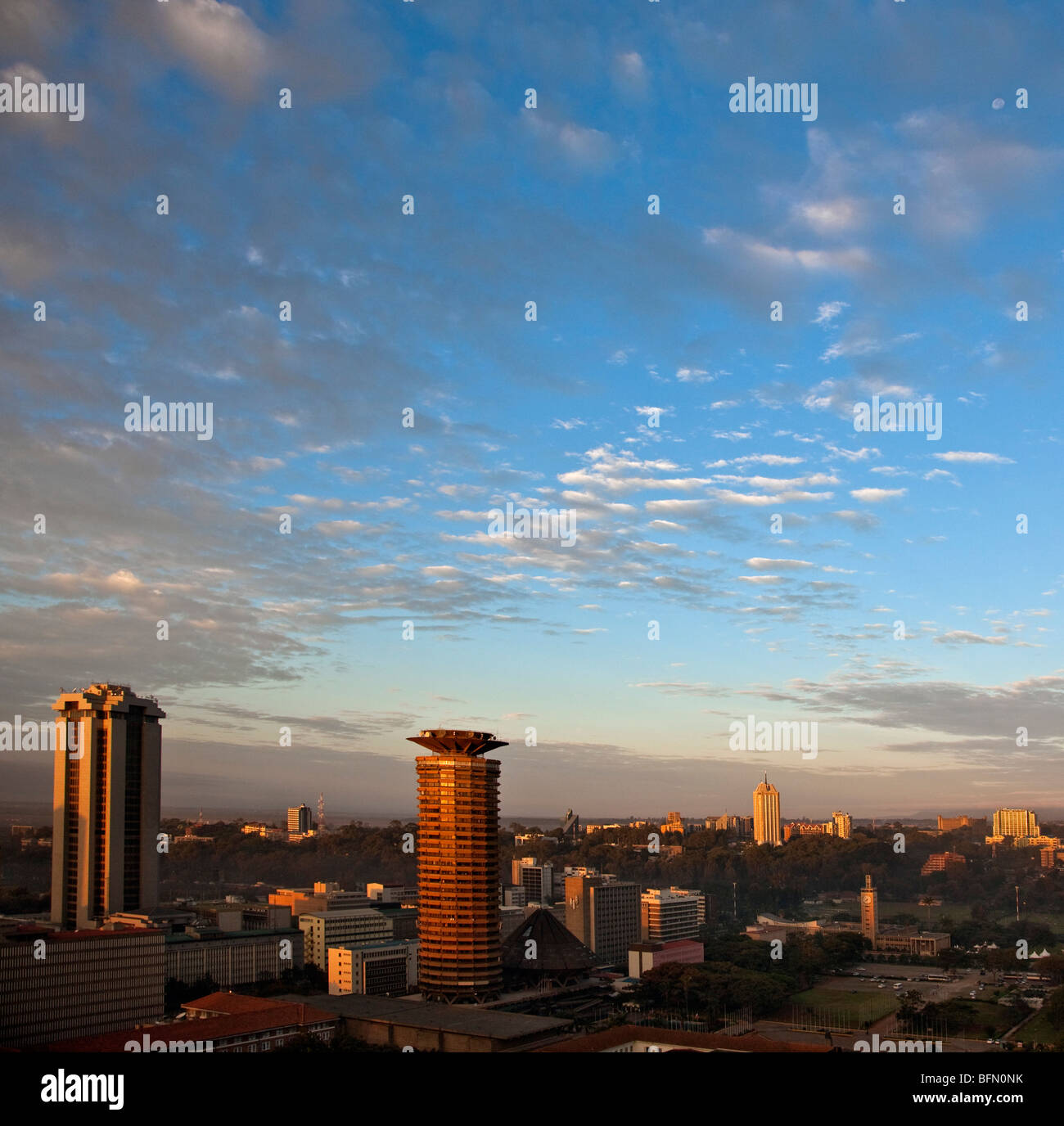 Kenya, Nairobi. Nairobi at sunrise with the circular tower of the