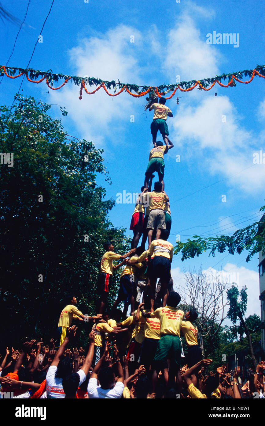 Human pyramid breaking pot ; Janmashtami or Gokulashtami festival ...
