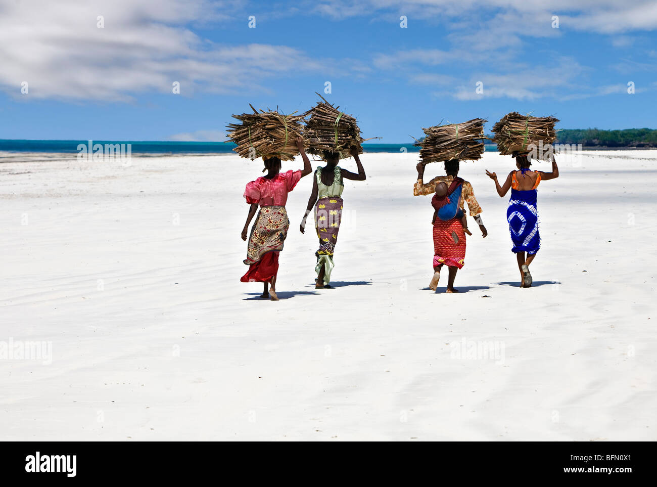 Kenya, Mombasa. Women carry on their heads makuti (dried coconut palm fronds used as roofing material) on a beach. Stock Photo