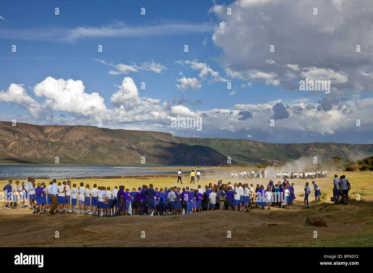 Kenya, Bogoria. School children on an official school outing visit the geysers and hot springs beside Lake Bogoria. Stock Photo