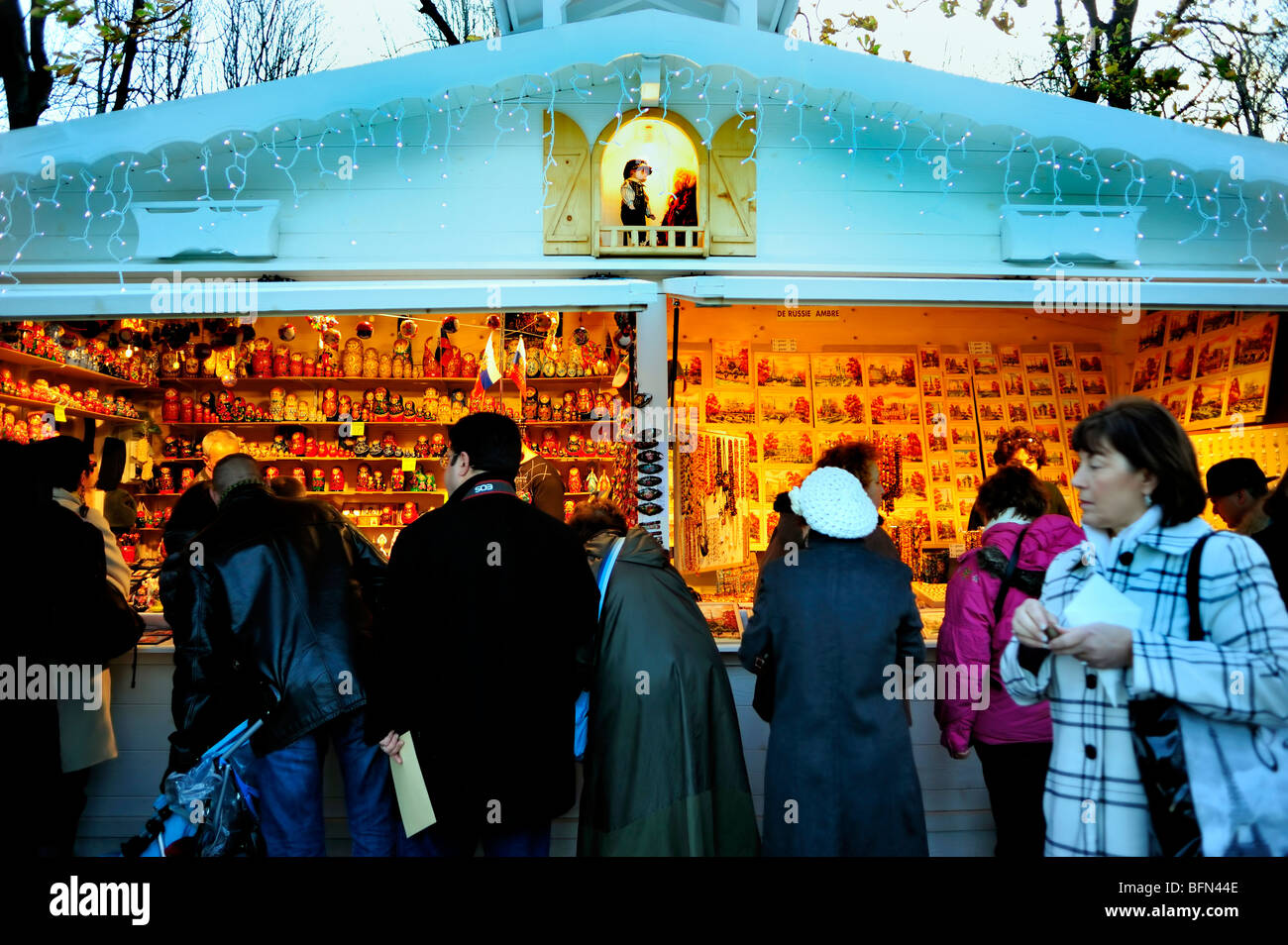 Paris, France, Christmas Shopping, Street Vendor, Large Crowd People, Traditional Christmas Market Chalet, (Avenue de Champs Elysees) Stock Photo