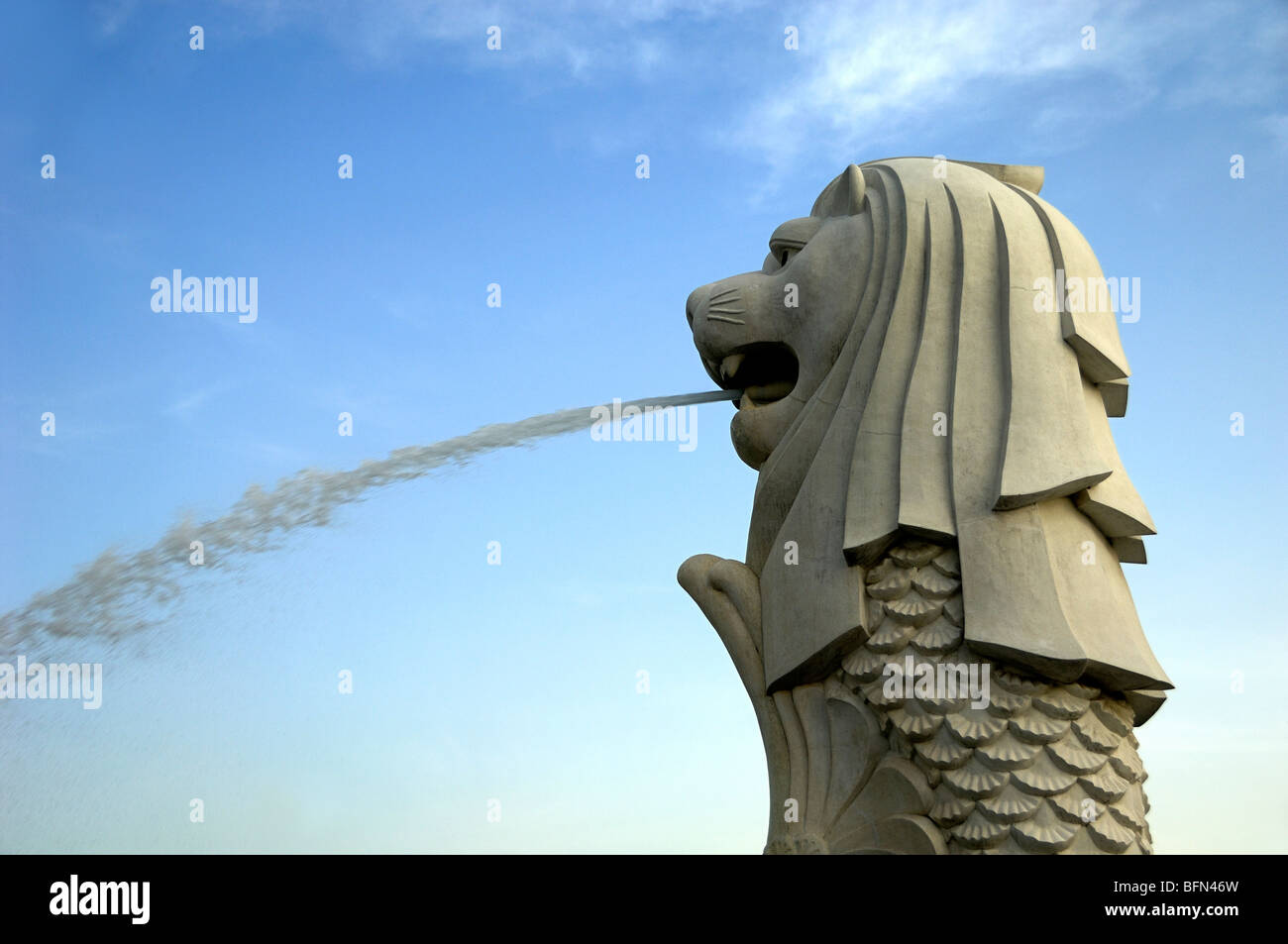 Merlion Lion, Symbol of Singapore, & Water Spout, Singapore Harbour or Harbor, Singapore Stock Photo