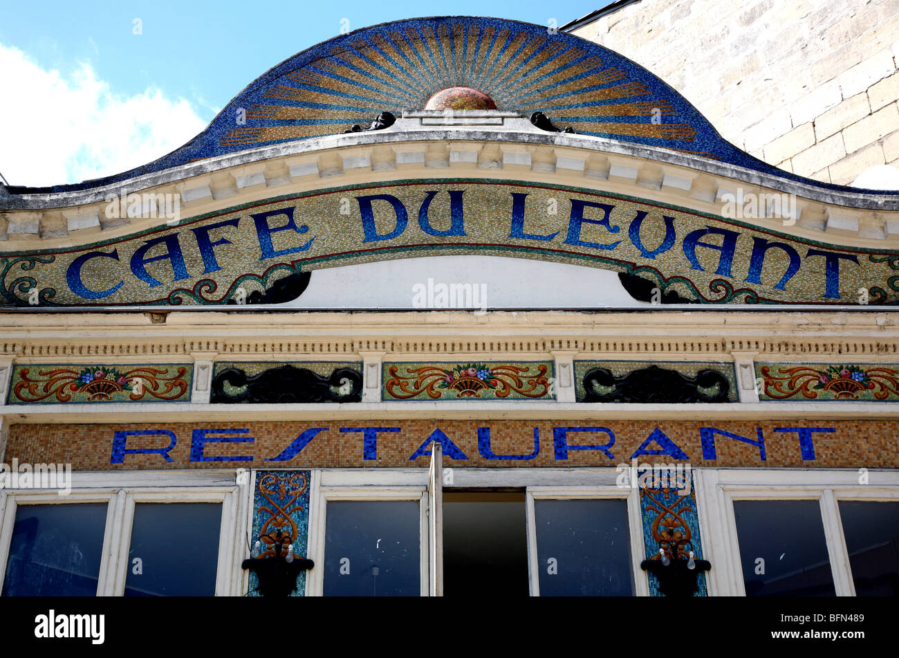 Art Deco restaurant facade opposite main station  in Bordeaux, France Stock Photo