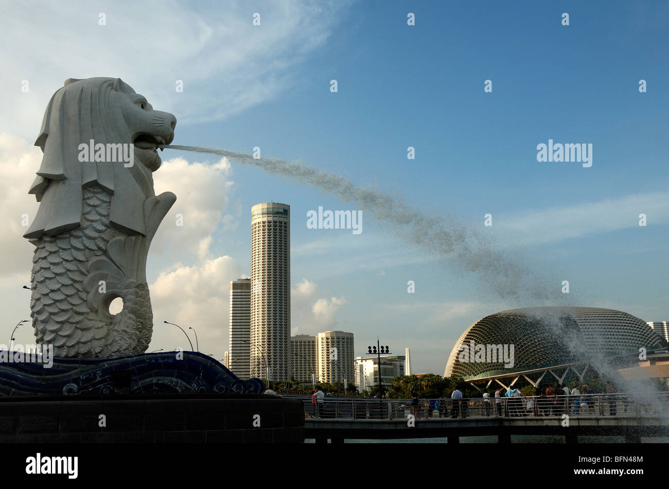 Merlion Lion, Symbol of Singapore, with Singapore Skyline, Theatres on