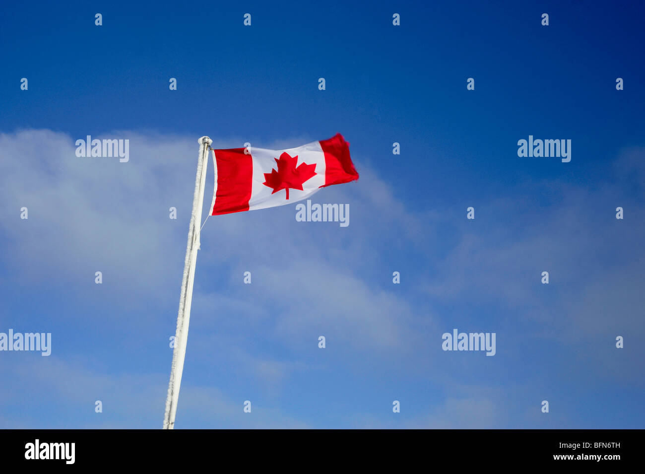 Canadian Flag in the wind, Churchill, Manitoba, Canada Stock Photo