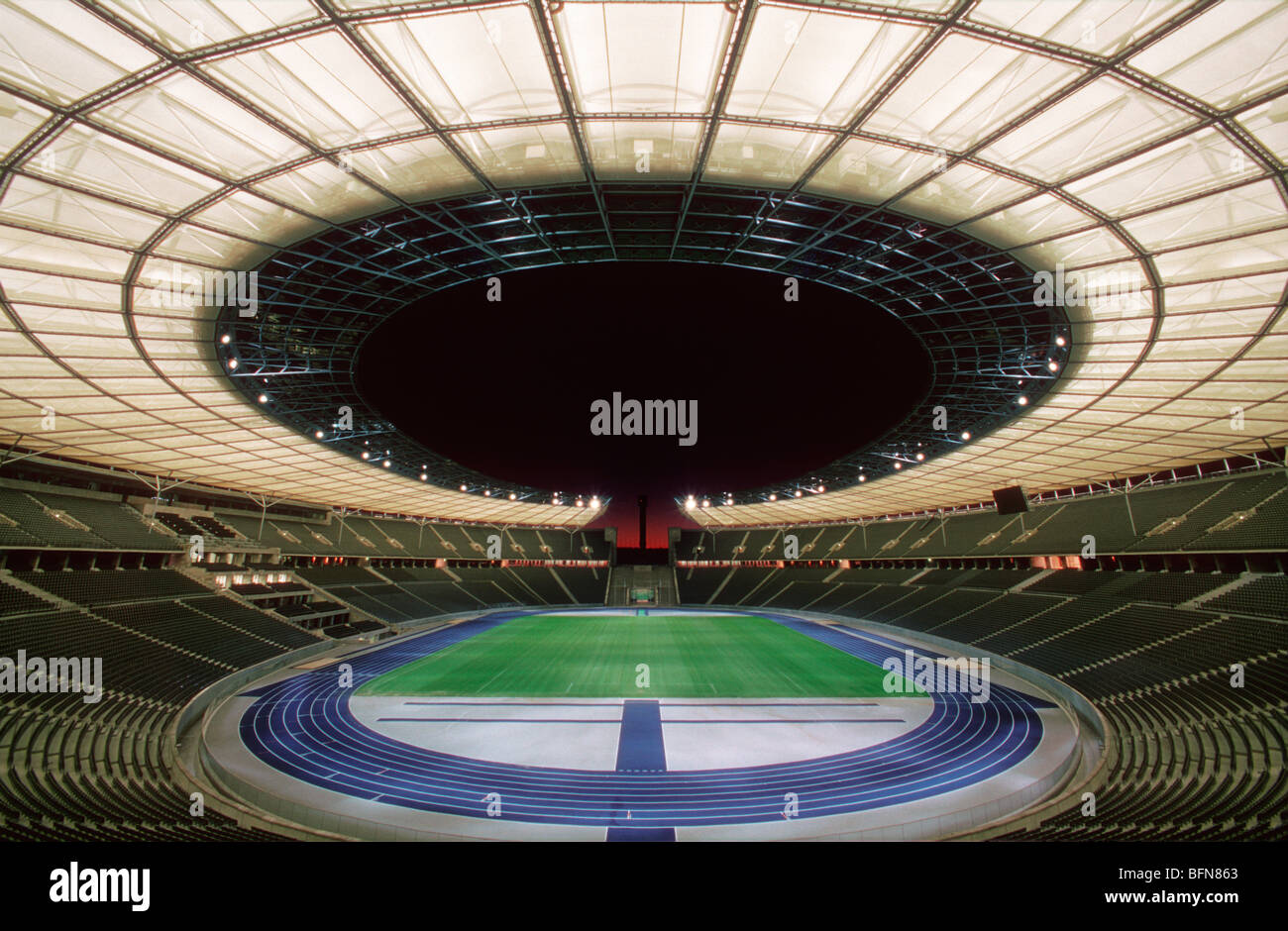 Olympiastadion by Werner March 1936. Restored with new roof structure by von Gerkan Marg Partner in 2004. Berlin. Germany. Stock Photo