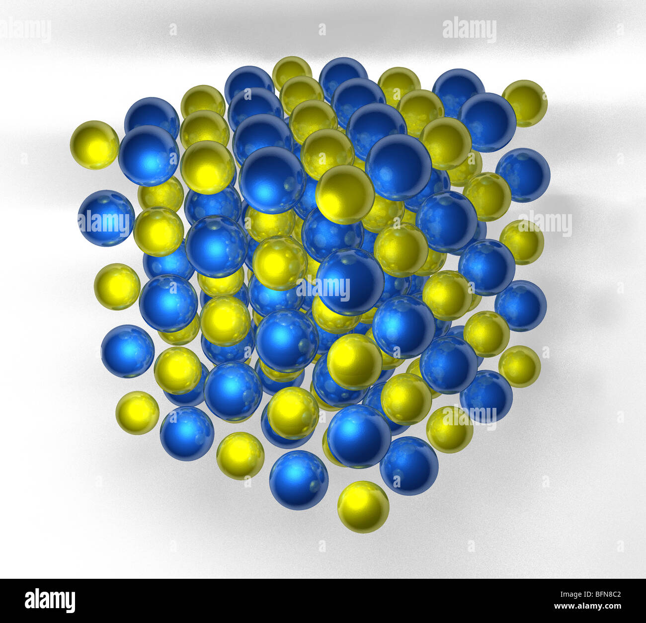 Computer graphic illustration of the crystal lattice structure of salt, sodium chloride. Stock Photo