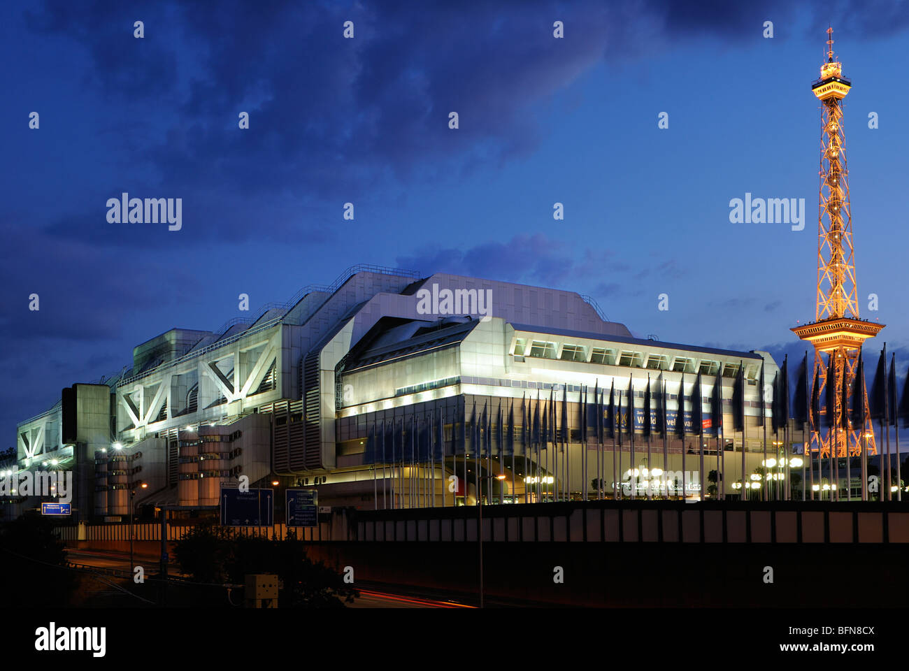 ICC. Internationales Congress Centrum. International Congress Center. Funkturm. By night. Berlin, Germany, Europe. Stock Photo