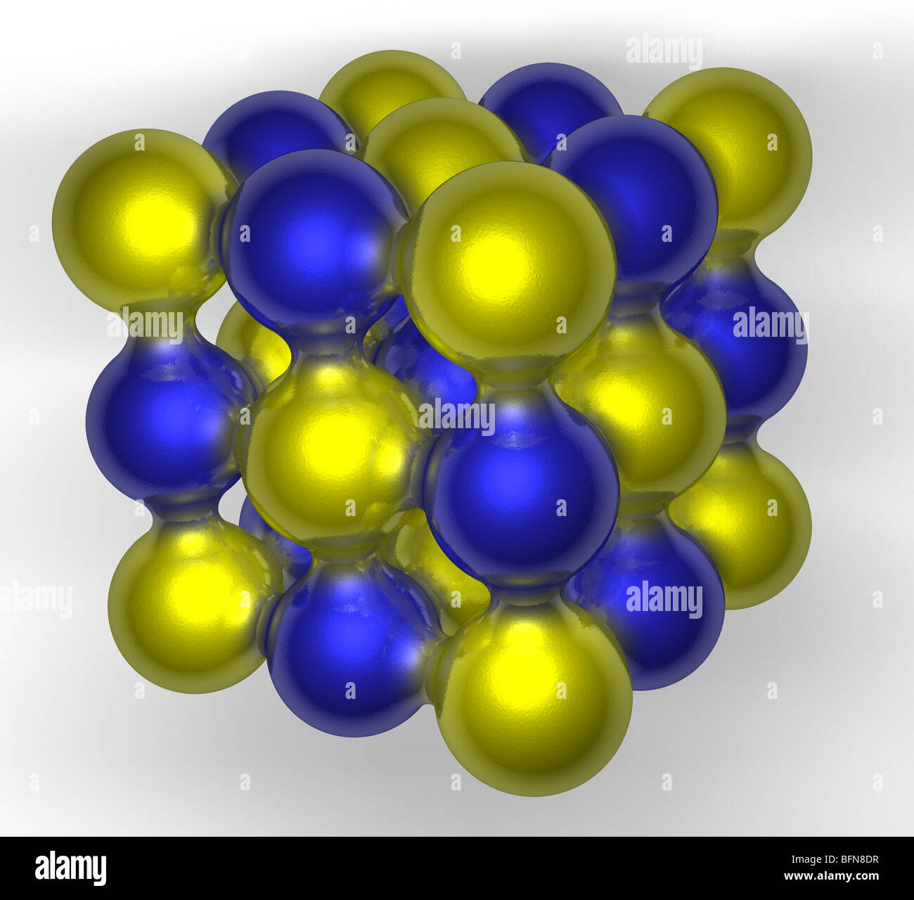 Computer graphic illustration of the crystal lattice structure of salt, sodium chloride. Stock Photo
