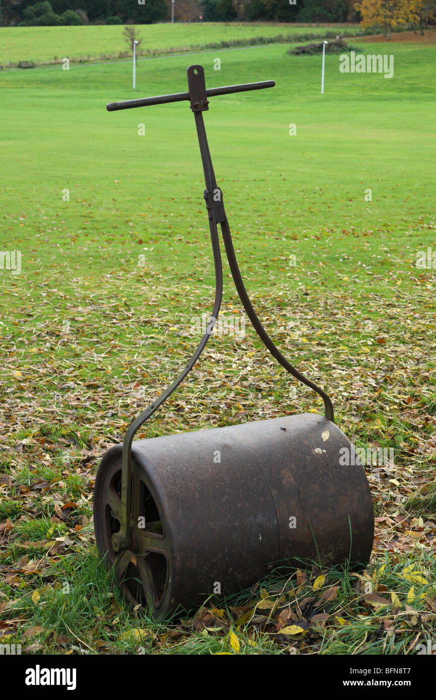 Old metal roller on a British cricket pitch in autumn Stock Photo